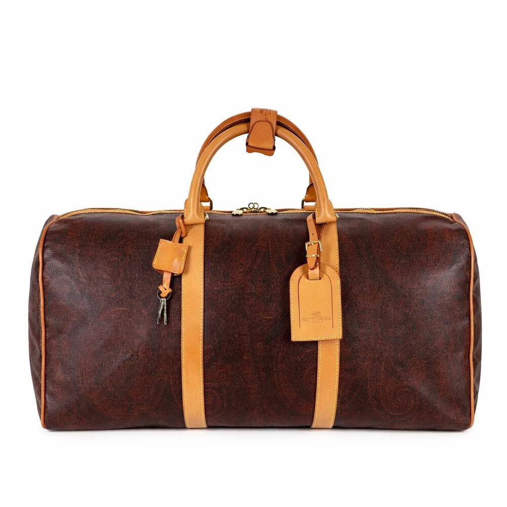 Etro Milano Paisley Coated Canvas Vachetta Leather Boston Weekend‎ Travel Bag